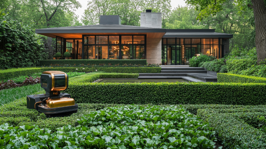 Image: A modern luxury garden house with large glass walls and sliding doors in a green garden, ideal as a freestanding outdoor office